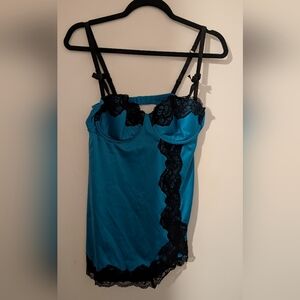 La SENZA Teal Satin Chemise with Black Lace
